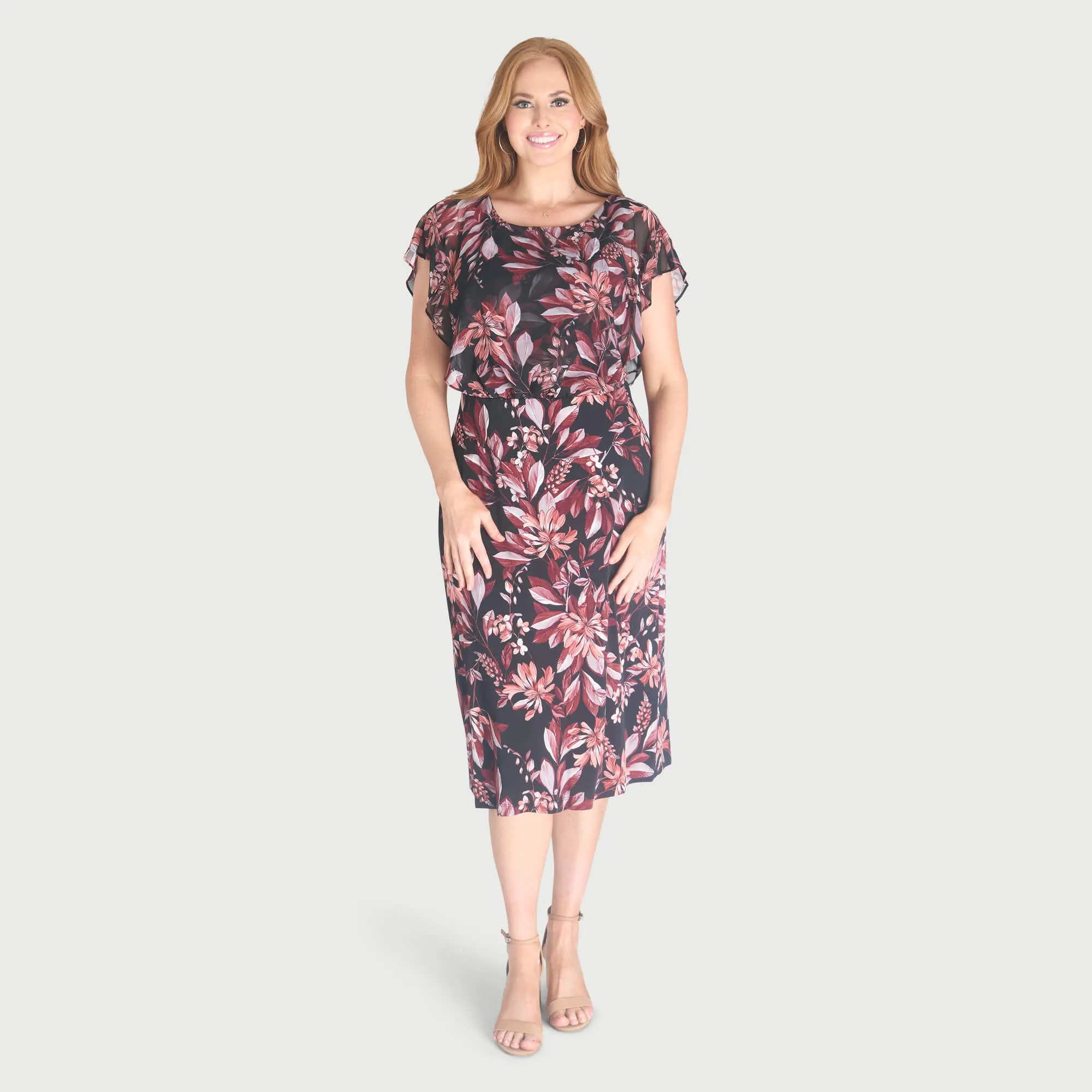 Daphne Salmon Floral Chiffon Popover Dress sold by connected apparel