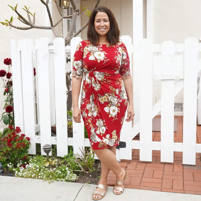 Lisa Crimson Floral Faux Wrap Dress sold by connected apparel