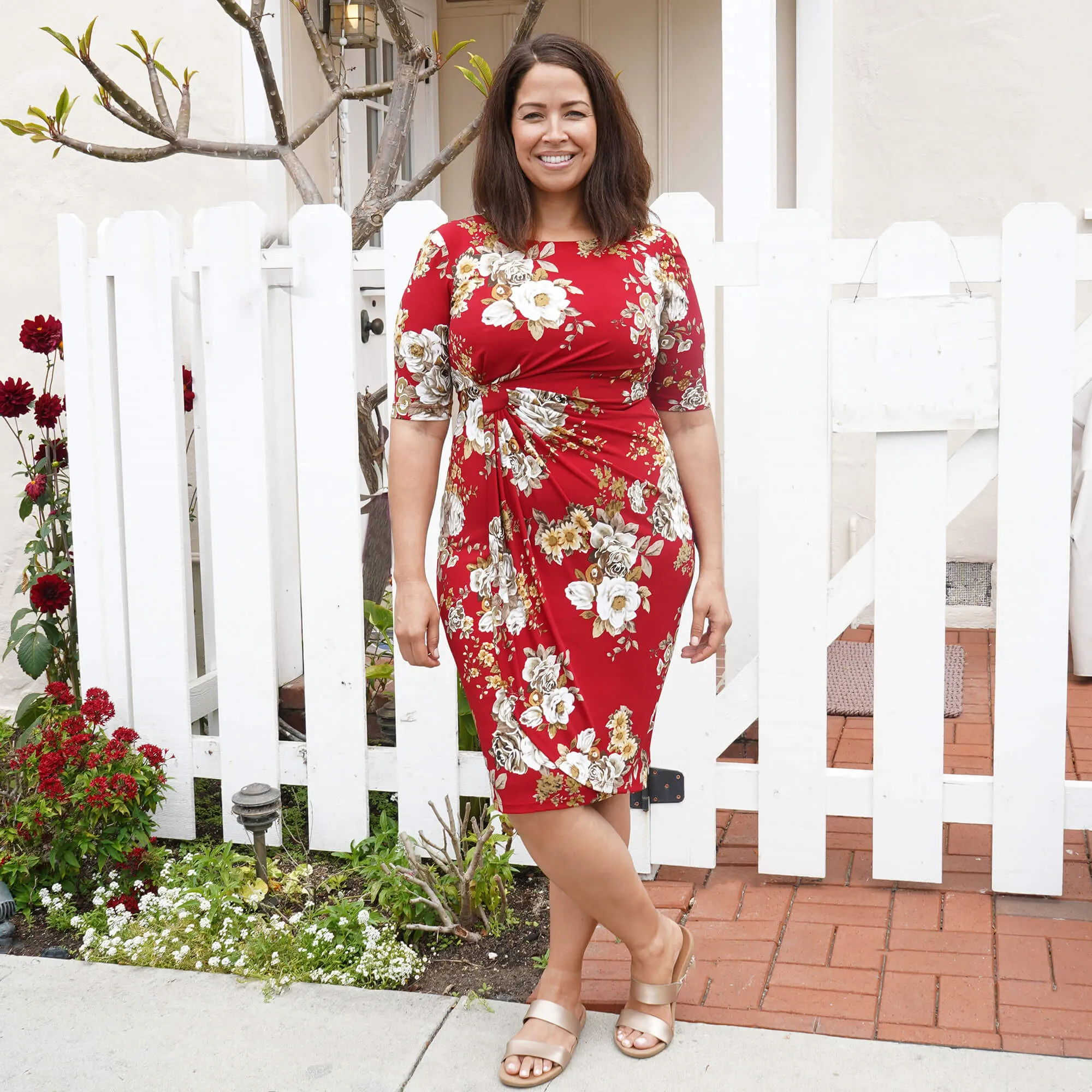 Lisa Crimson Floral Faux Wrap Dress sold by connected apparel