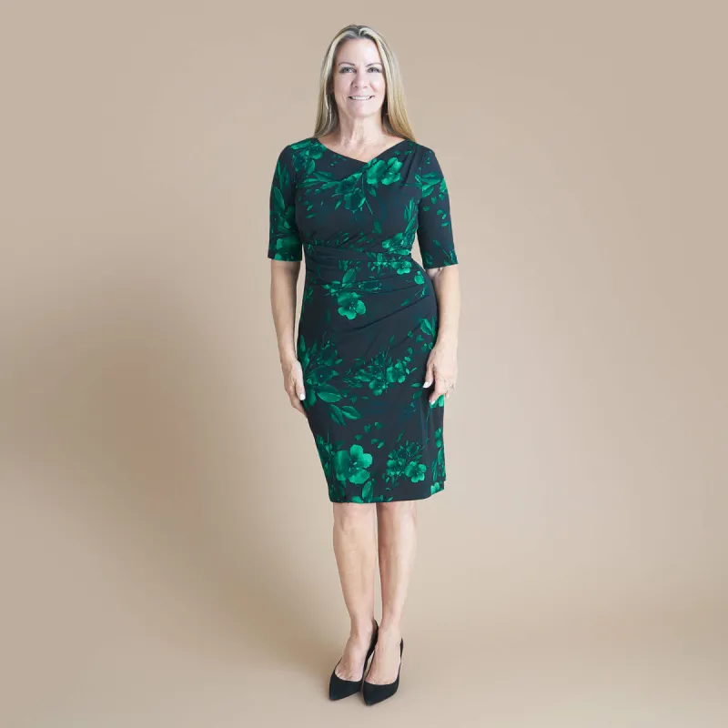 Carrie Hunter Green Asymmetrical Wrap Dress sold by connected apparel