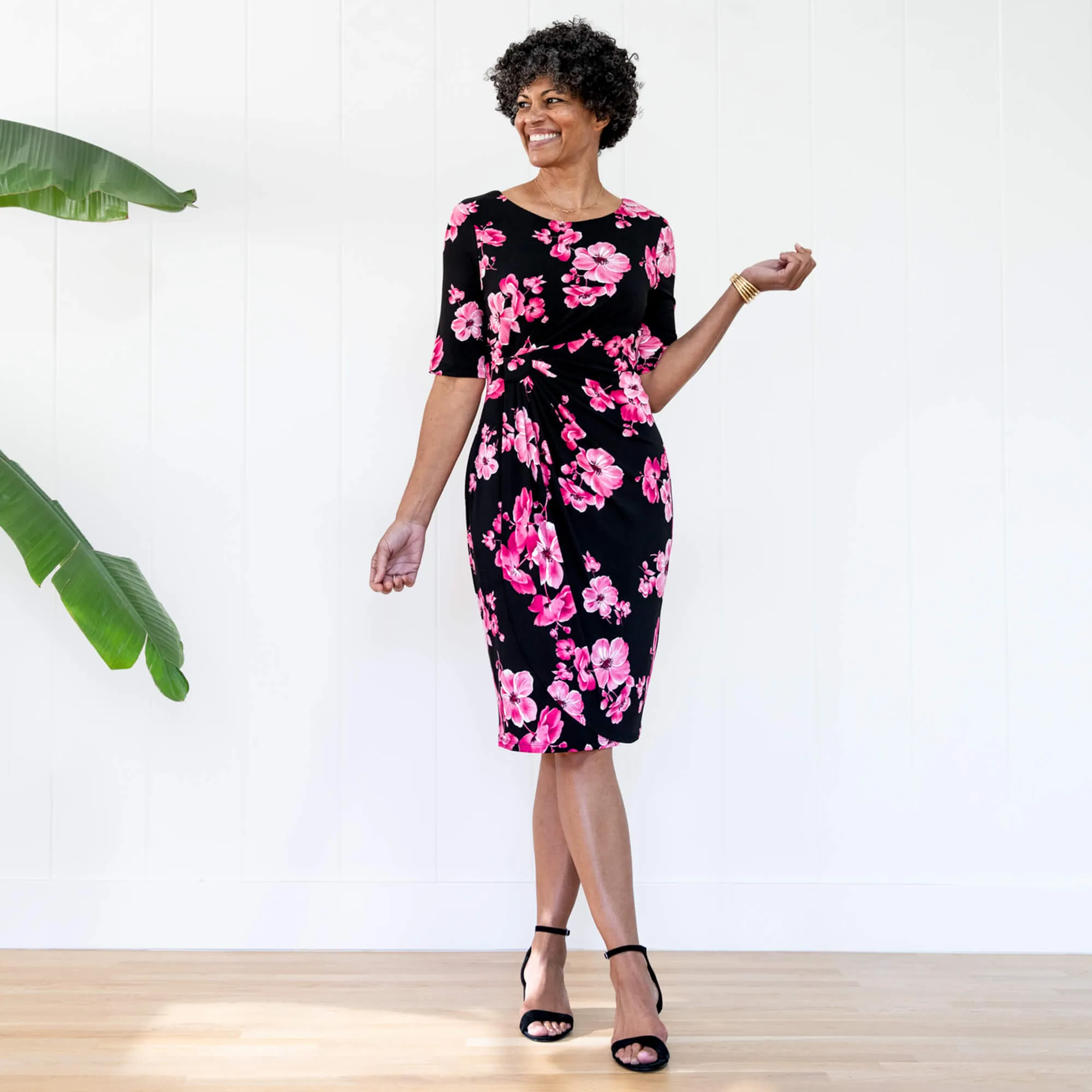 Lisa Fuchsia Faux Wrap Dress sold by connected apparel