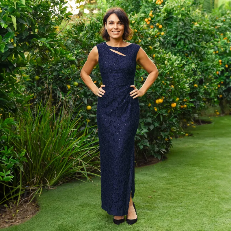 Elizabeth Navy Sequin Lace Floor Length Dress made by connected apparel