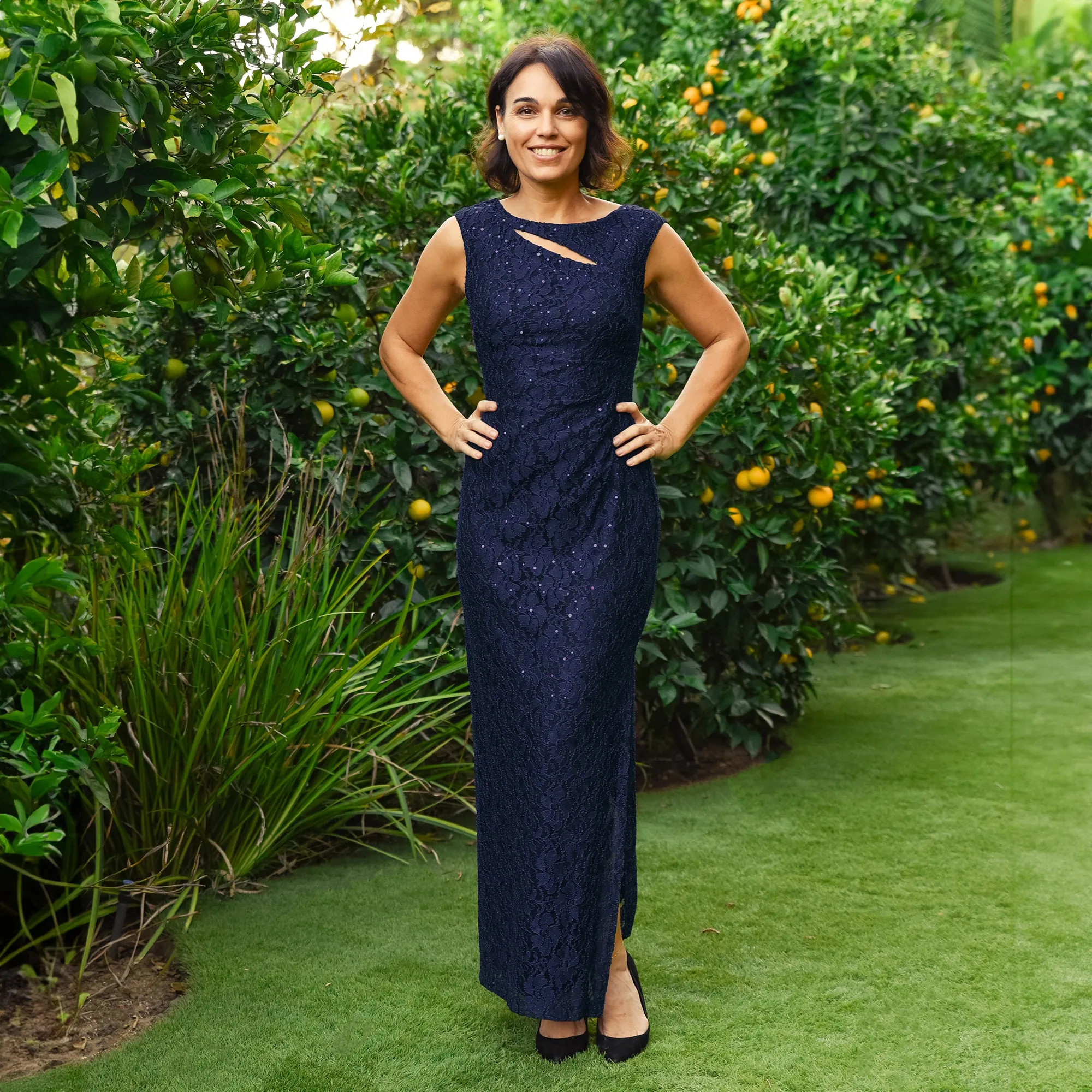 Elizabeth Navy Sequin Lace Floor Length Dress sold by connected apparel