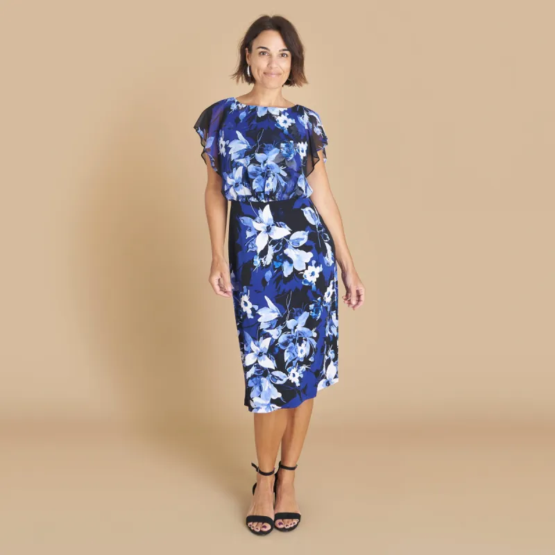 Daphne Cobalt Floral Chiffon Popover Dress sold by connected apparel