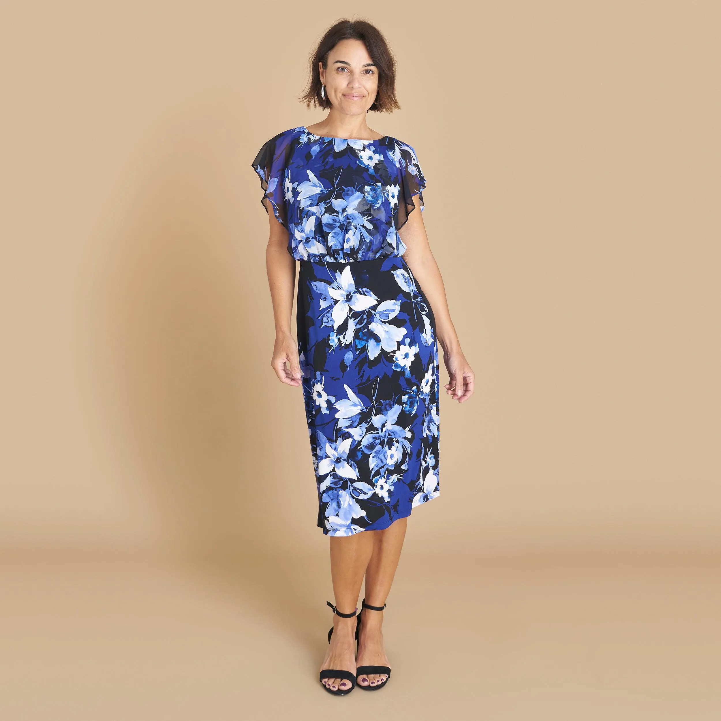 Daphne Cobalt Floral Chiffon Popover Dress sold by connected apparel