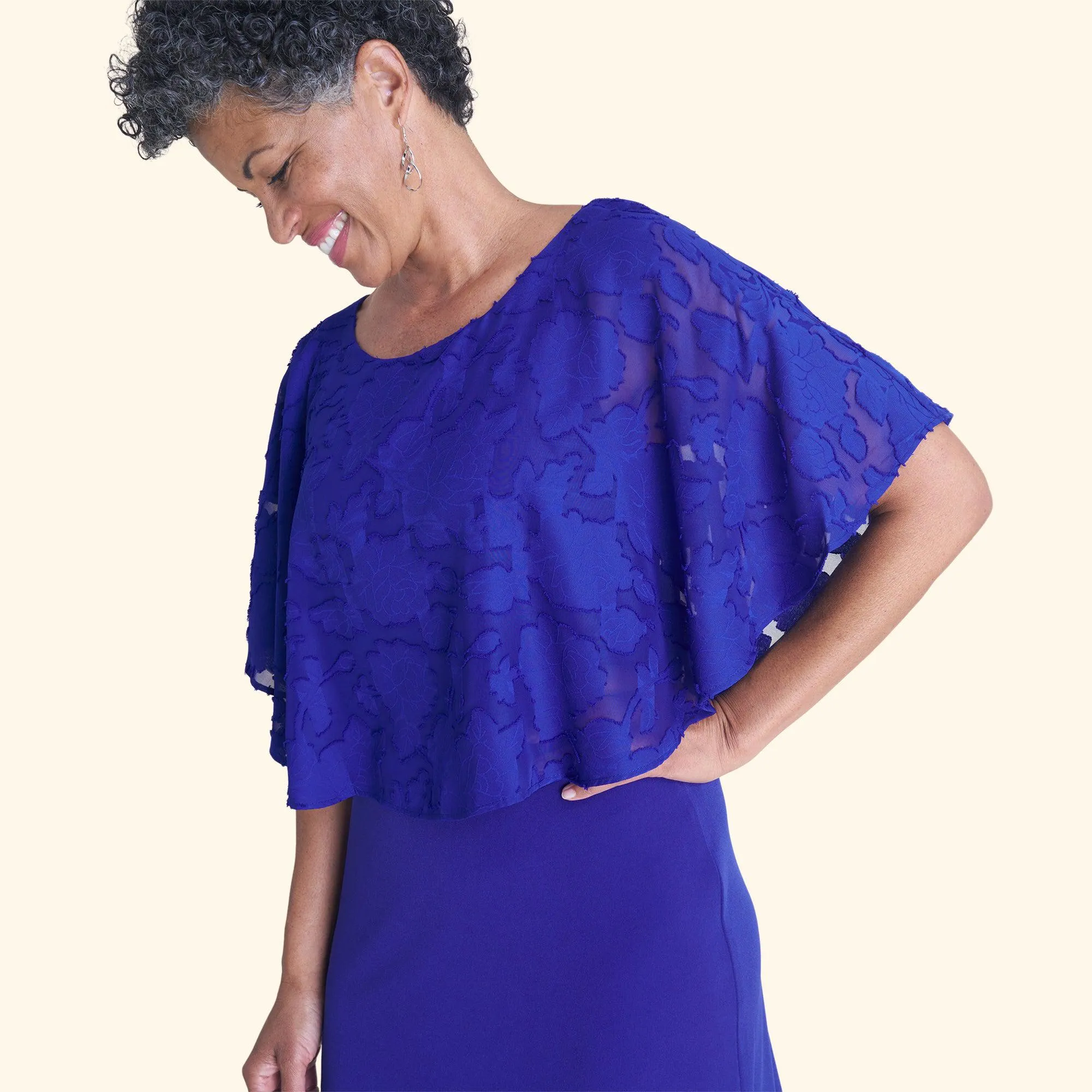 Alyssa Deep Cobalt Chiffon Burnout Cape Dress sold by connected apparel product image thumbnail 2
