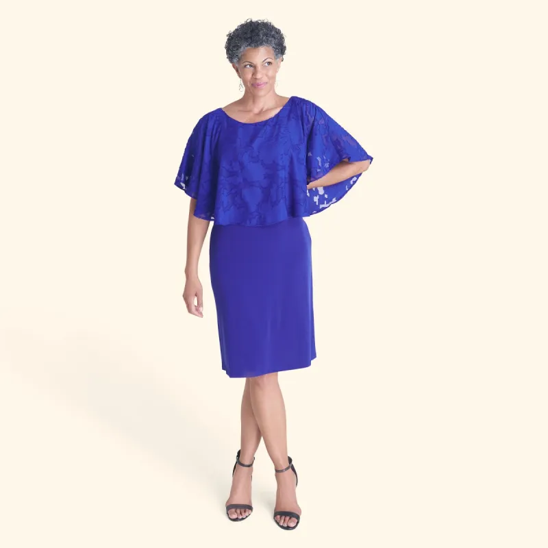 Alyssa Deep Cobalt Chiffon Burnout Cape Dress sold by connected apparel