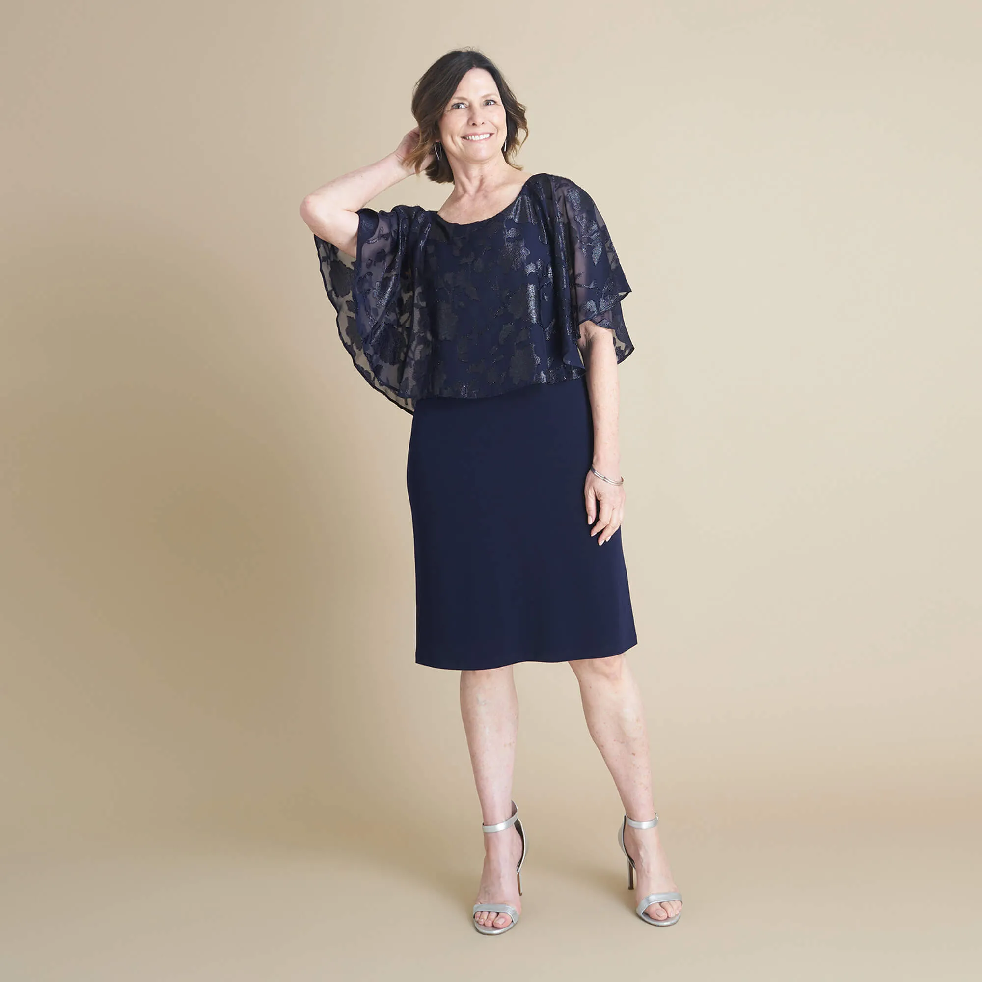 Alyssa Midnight Blue Burnout Cape Dress sold by connected apparel