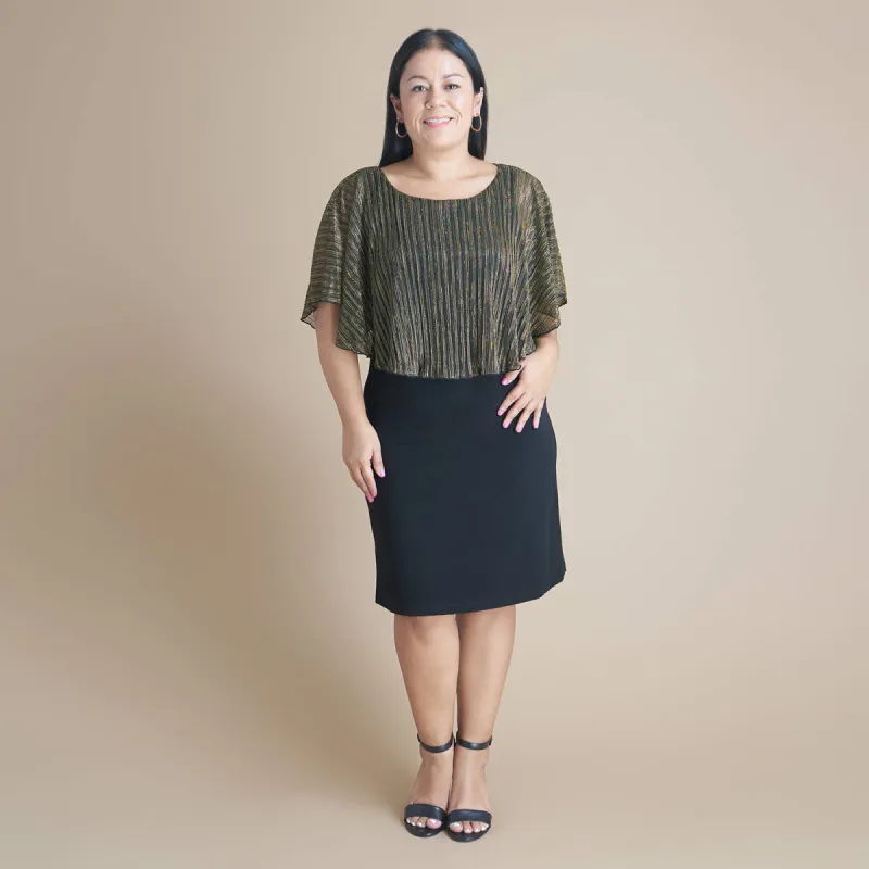 Alyssa Gold Metallic Cape Dress sold by connected apparel