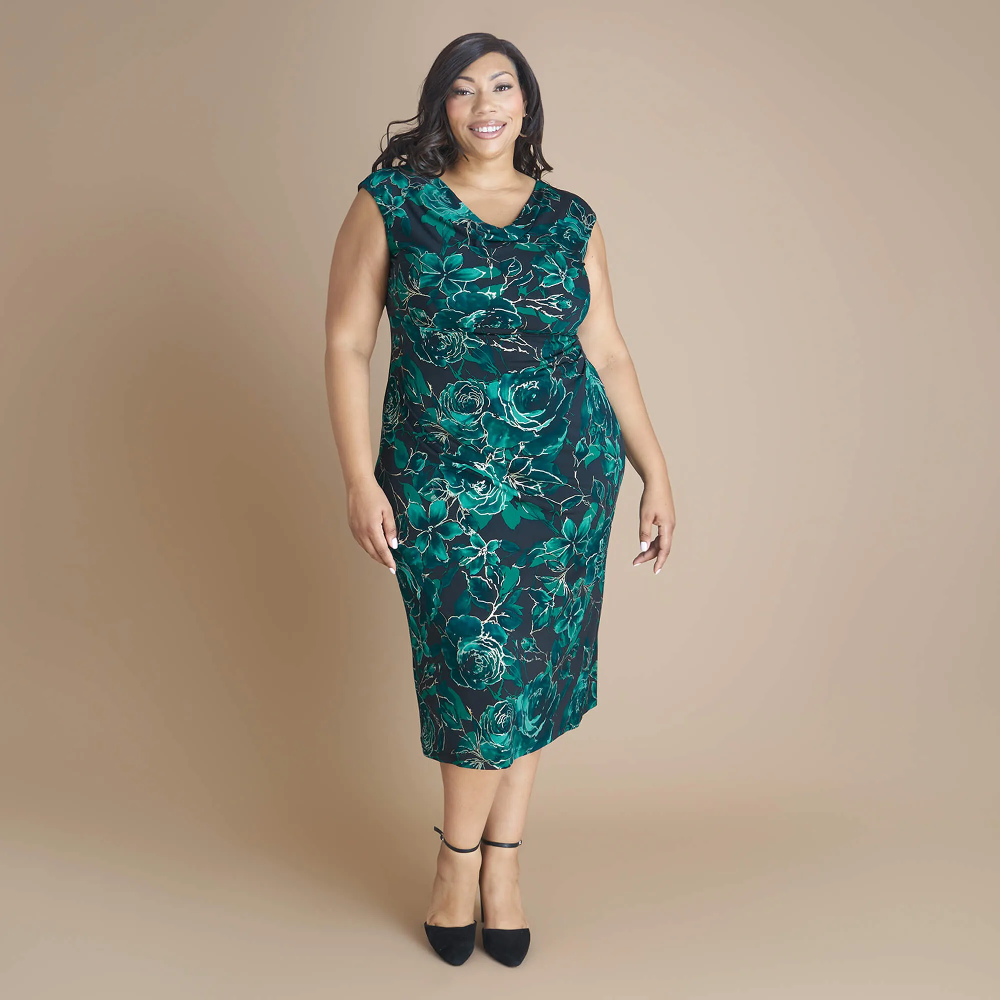 Tonya Hunter Green Cowl Neck Midi Dress sold by connected apparel