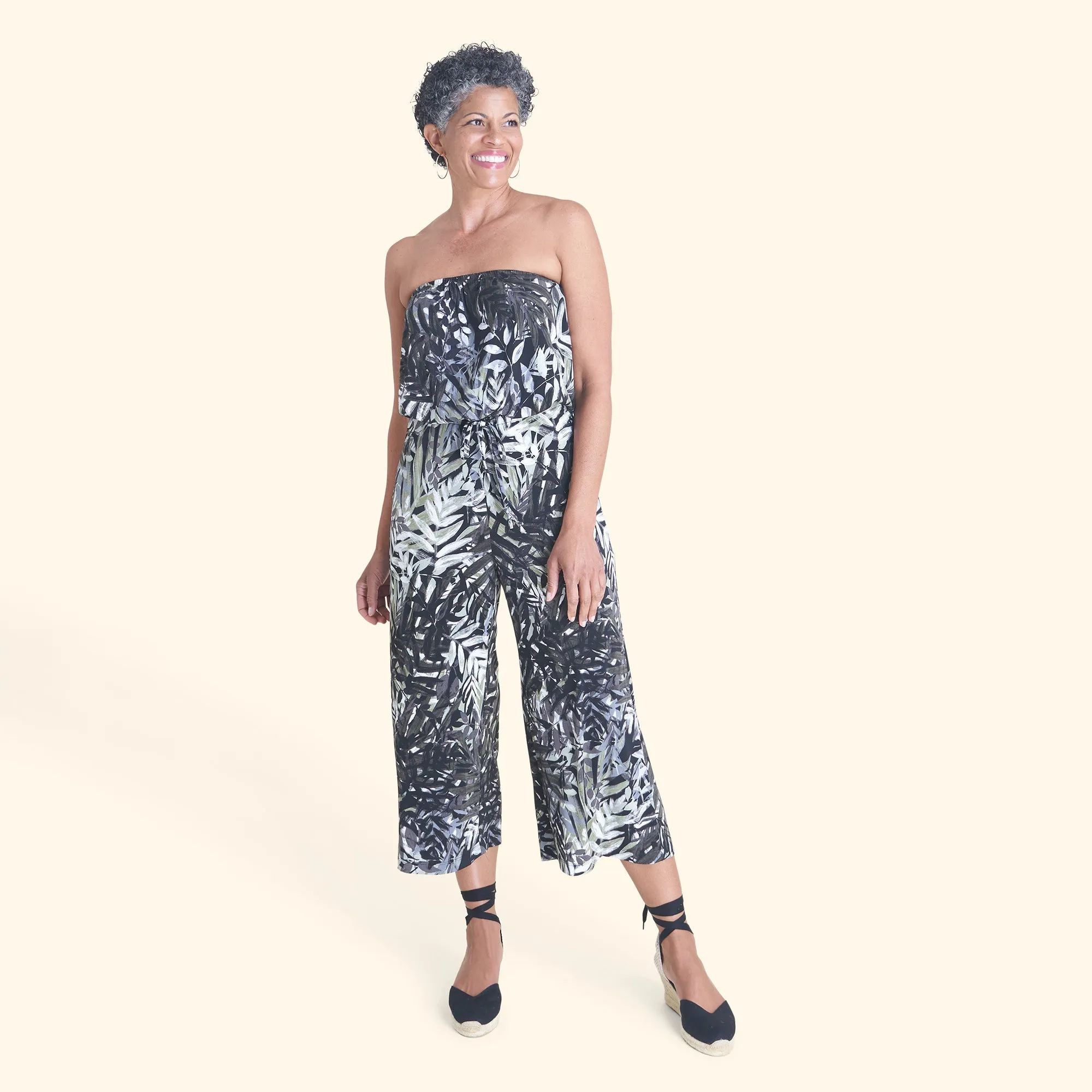 Melissa Olive Leaf Print Strapless Jumpsuit sold by connected apparel