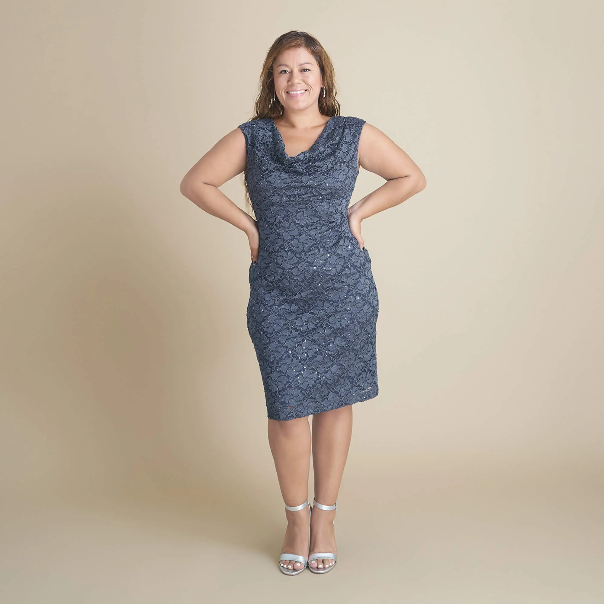 Tina Charcoal Sequin Lace Cowl Neck Dress sold by connected apparel product image thumbnail 5