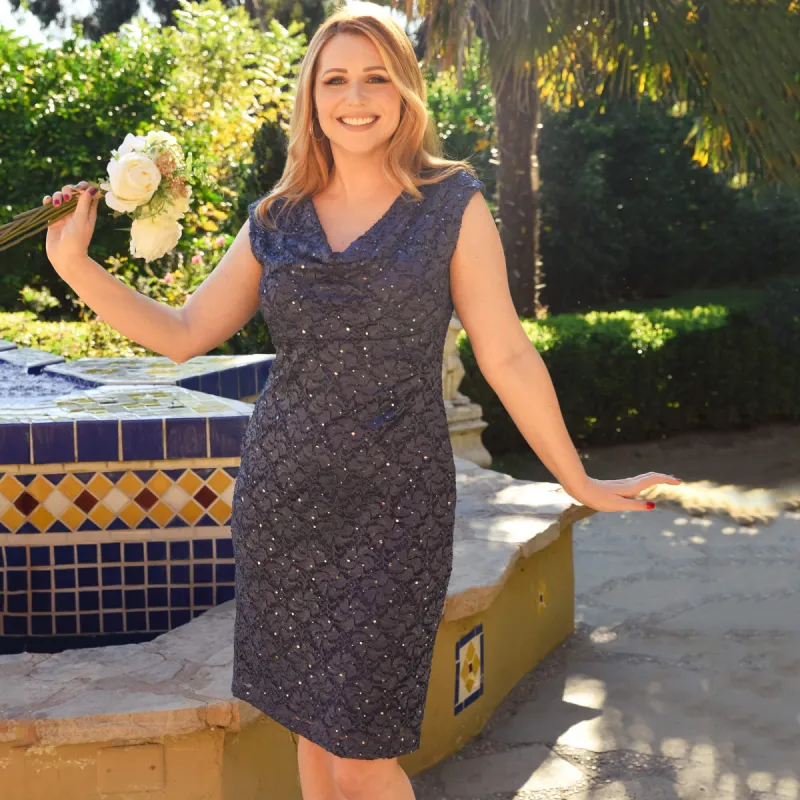 Tina Charcoal Sequin Lace Cowl Neck Dress sold by connected apparel