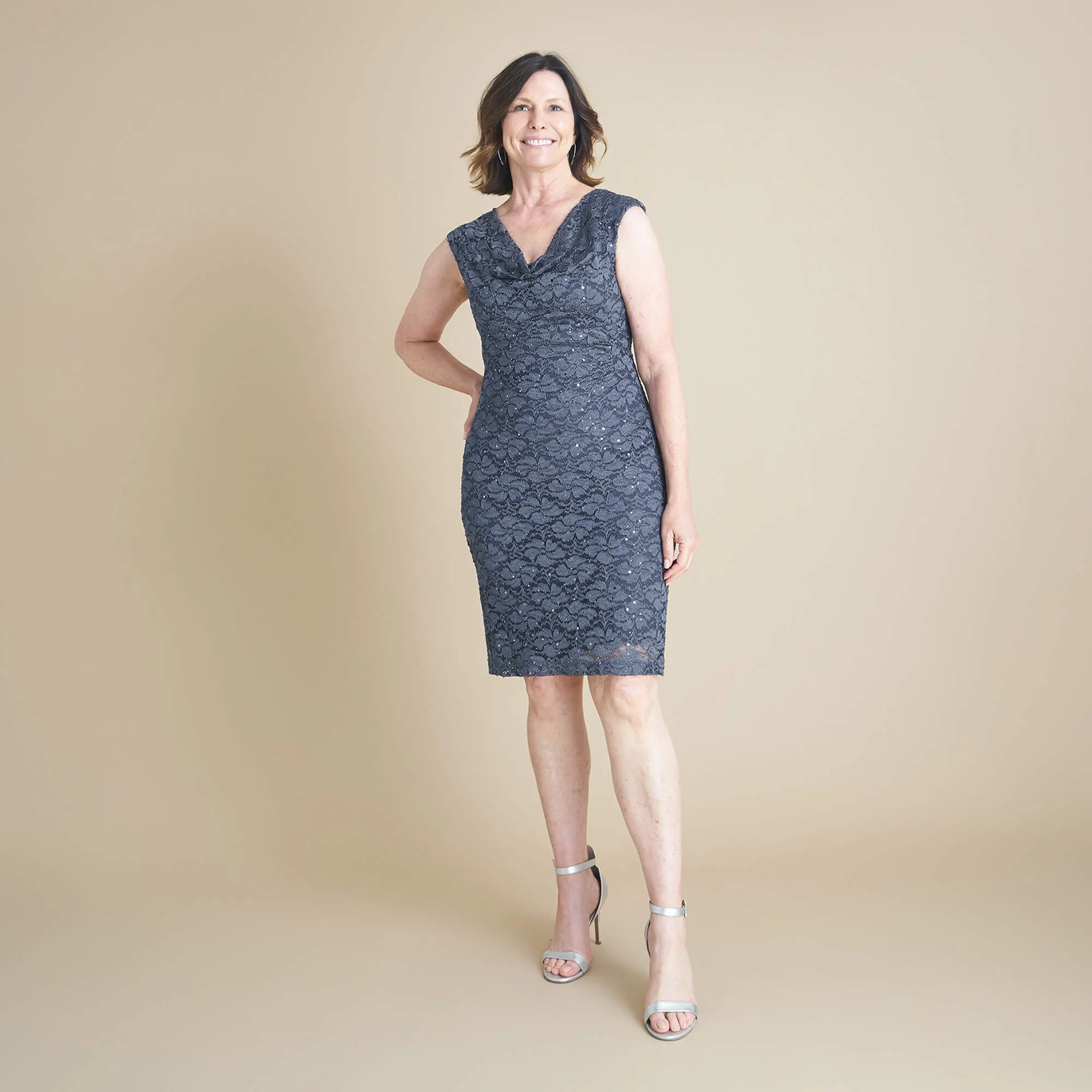 Tina Charcoal Sequin Lace Cowl Neck Dress sold by connected apparel product image thumbnail 2