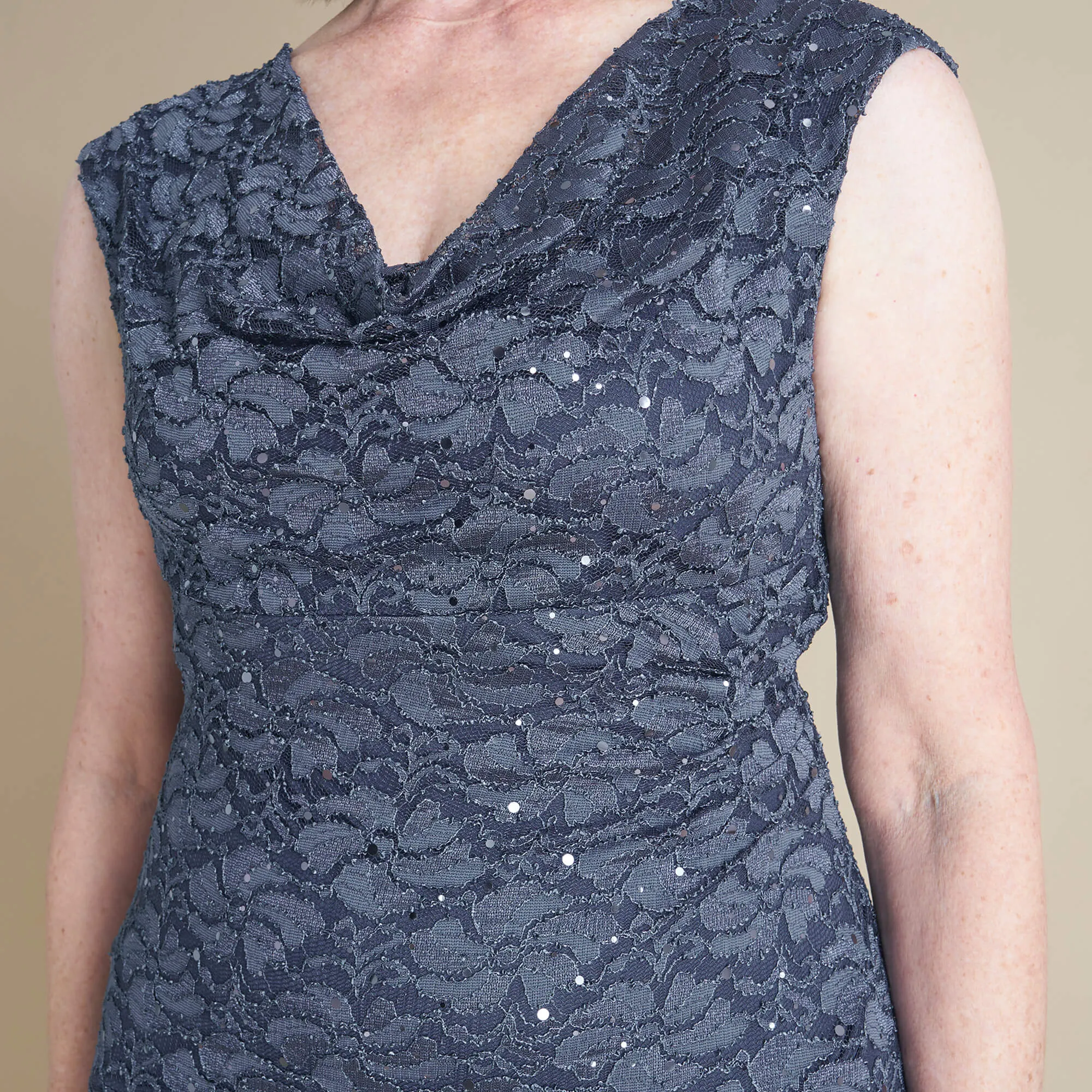 Tina Charcoal Sequin Lace Cowl Neck Dress sold by connected apparel product image thumbnail 3