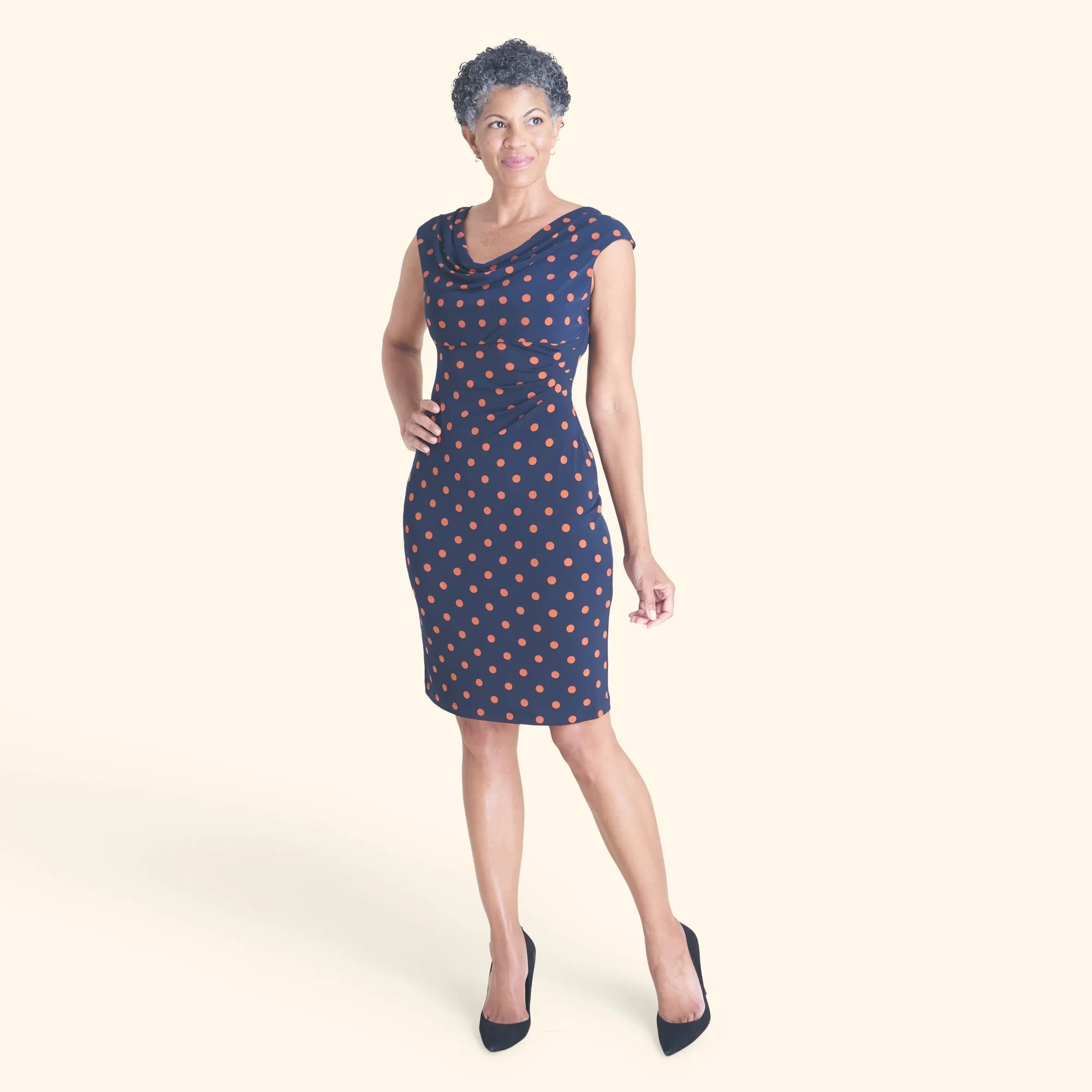 Tina Navy & Spice Polka Dot Cowl Neck Dress sold by connected apparel product image thumbnail 4