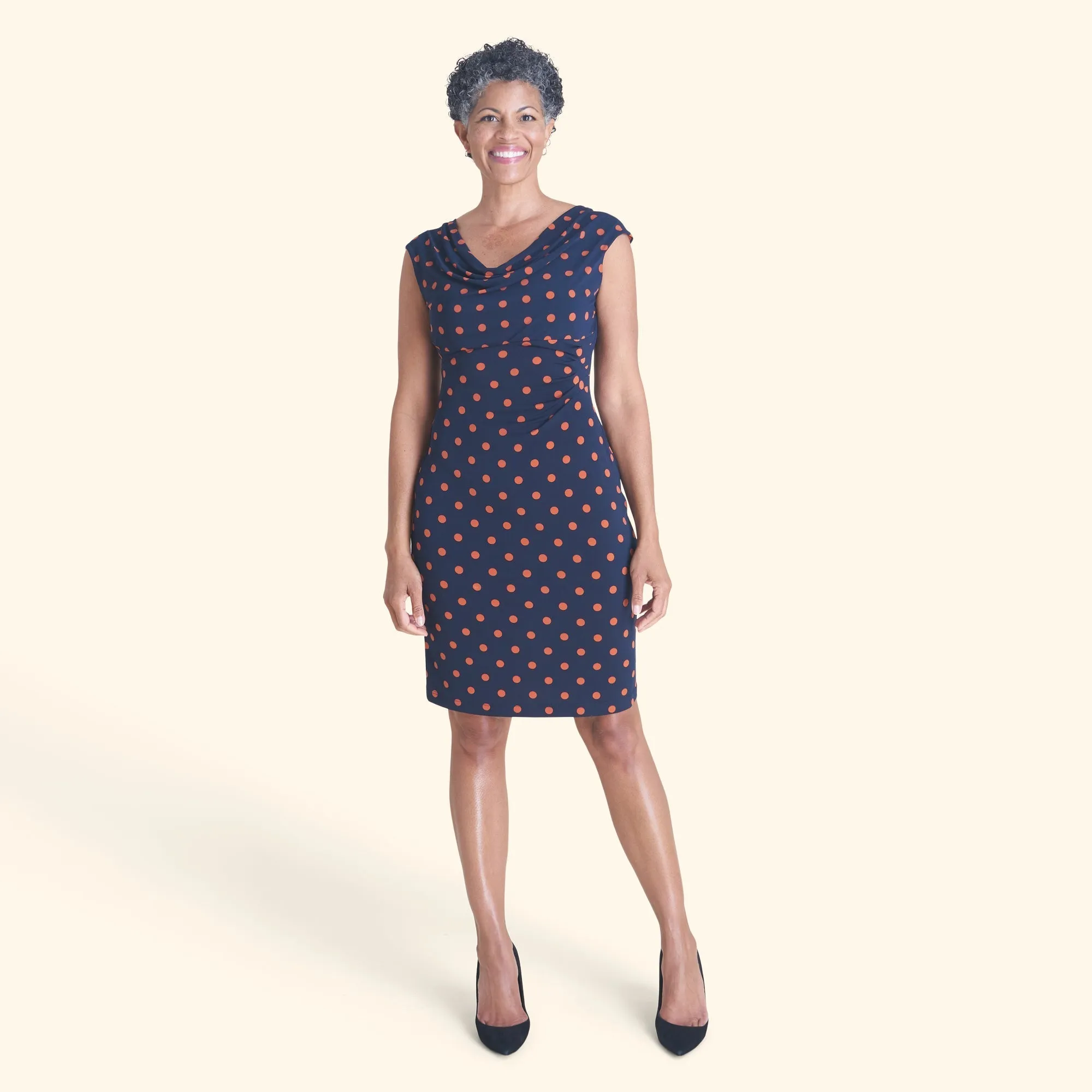 Tina Navy & Spice Polka Dot Cowl Neck Dress sold by connected apparel