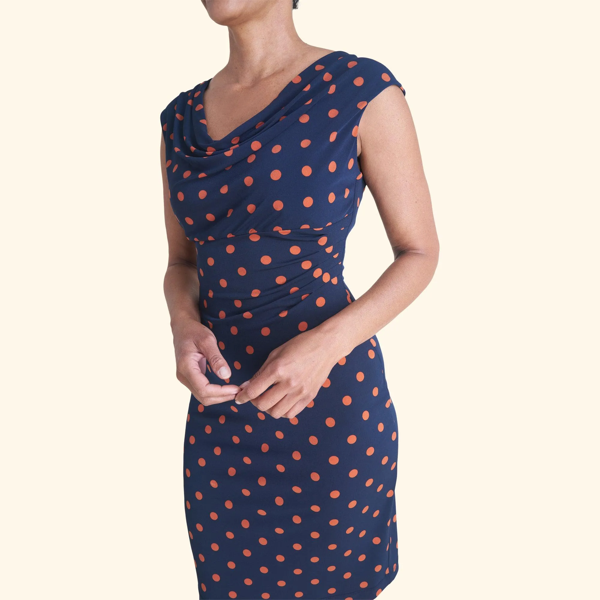 Tina Navy & Spice Polka Dot Cowl Neck Dress sold by connected apparel product image thumbnail 2
