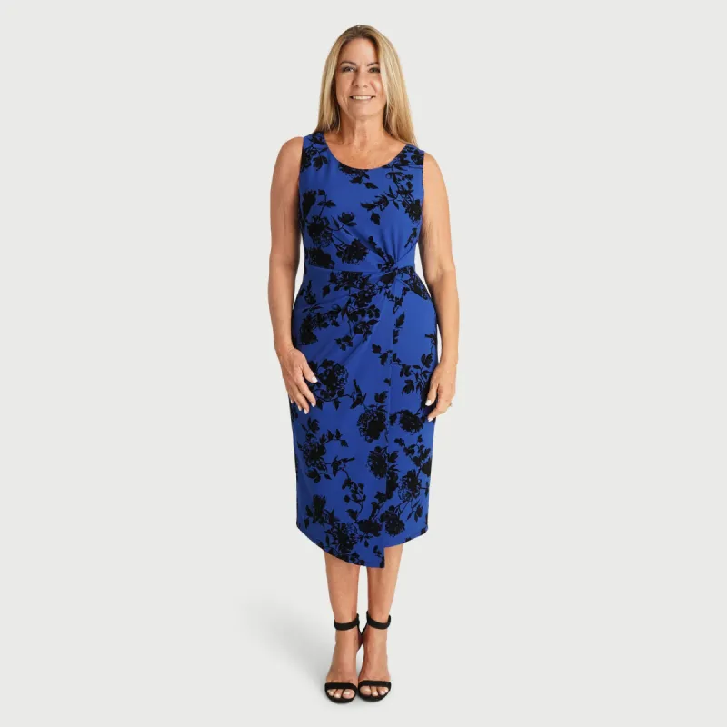 Selena Cobalt Floral Sleeveless Knot Dress sold by connected apparel