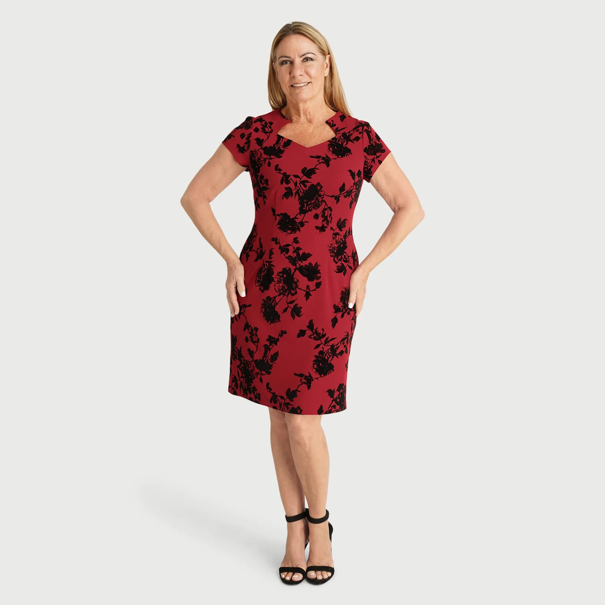 Madelyn Red Velvet Floral Sheath Dress sold by connected apparel product image thumbnail 2