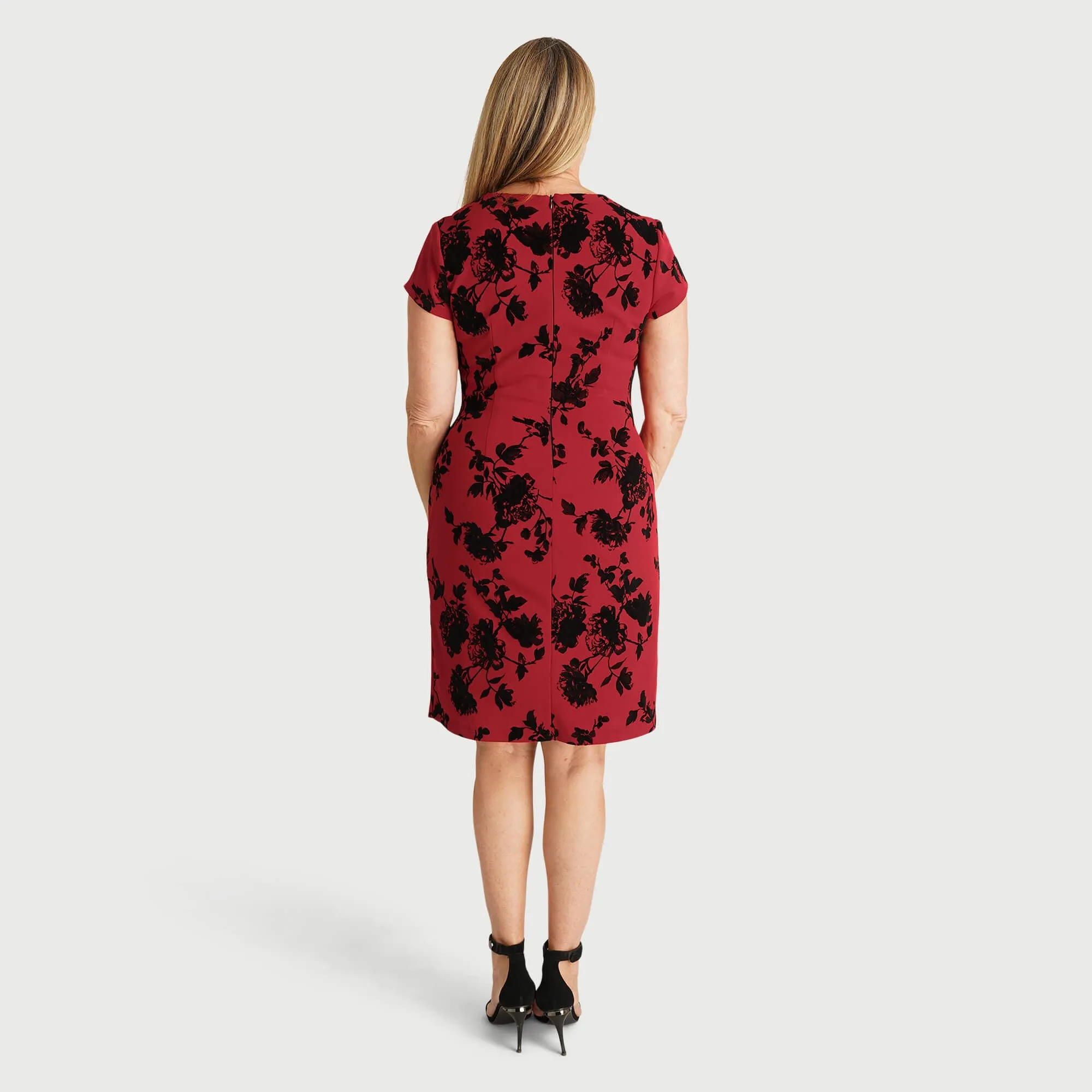 Madelyn Red Velvet Floral Sheath Dress sold by connected apparel product image thumbnail 4