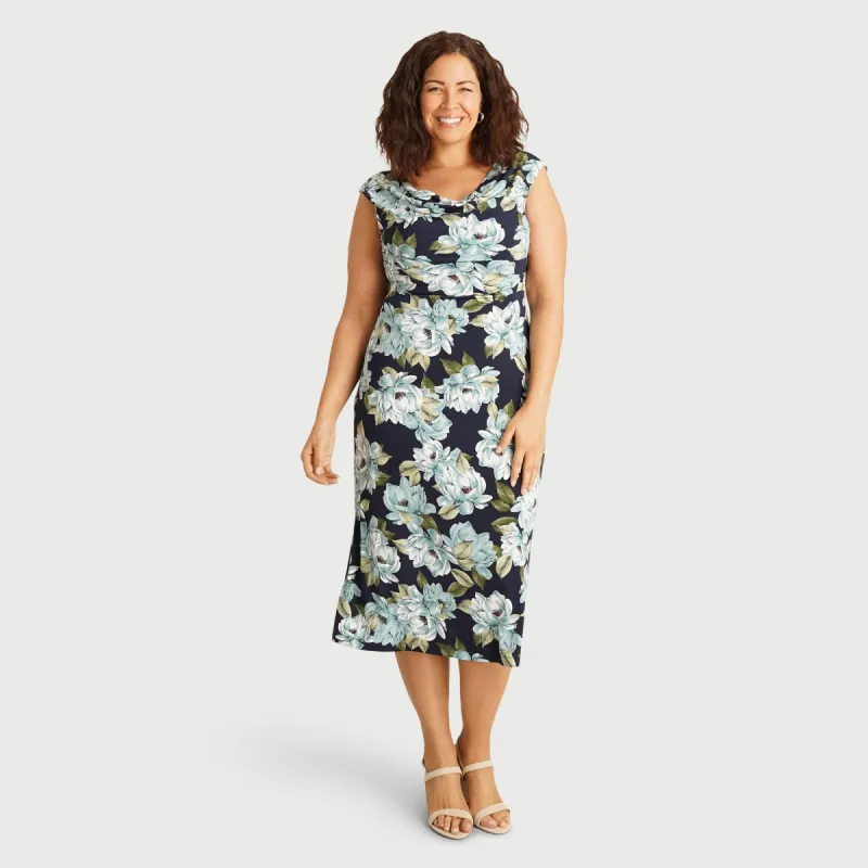 Tonya Aqua Floral Cowl Neck Midi Dress sold by connected apparel