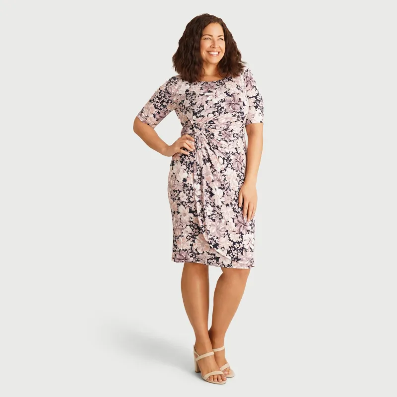 Lisa Mauve Floral Faux Wrap Dress sold by connected apparel
