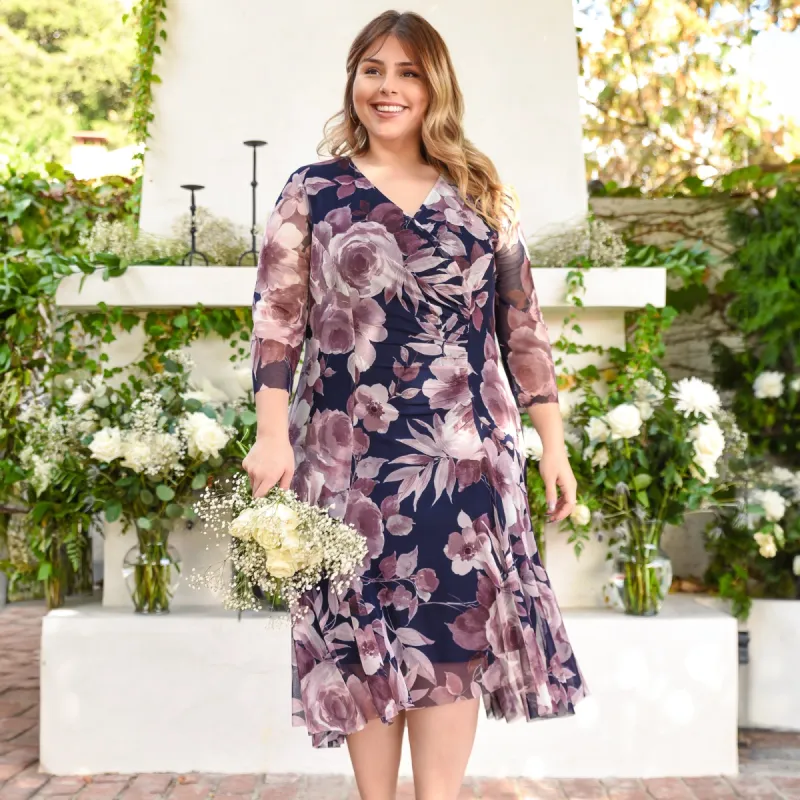 Alora Mauve Floral Mesh Asymmetric Hem Dress sold by connected apparel