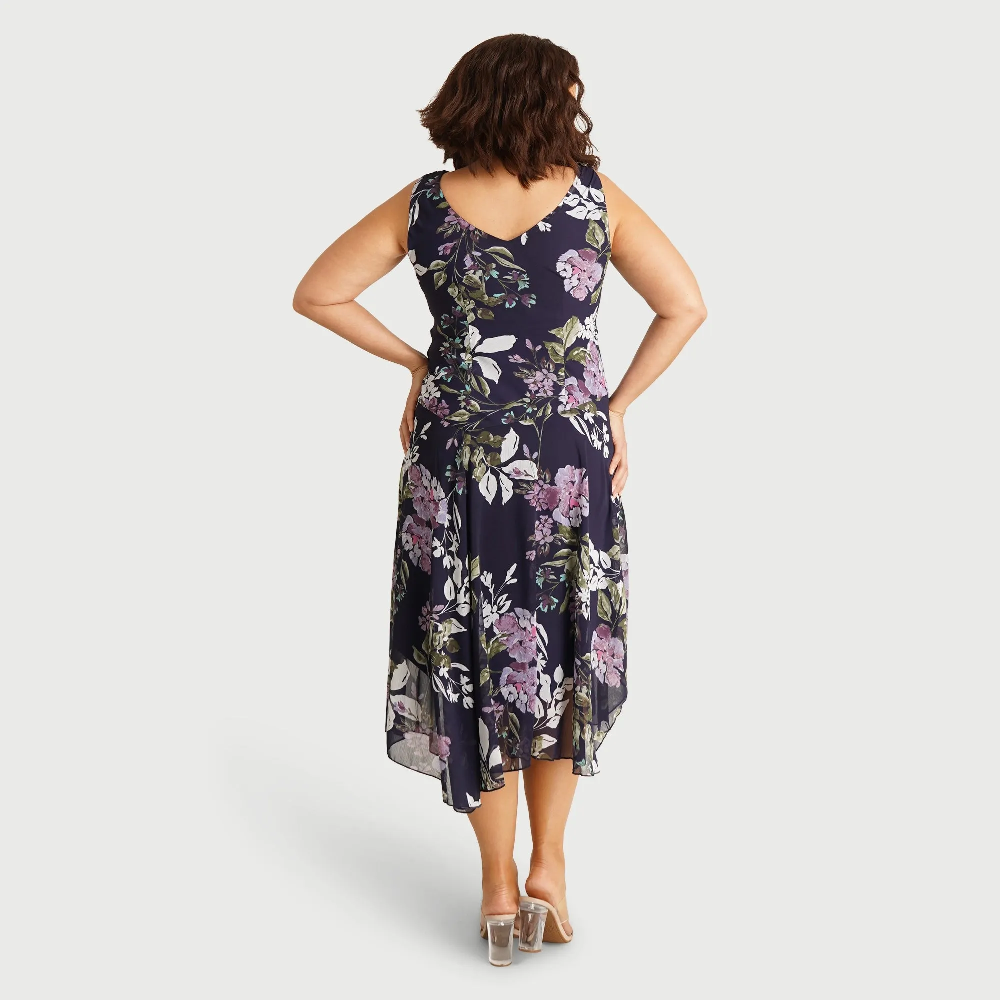 Audrey Navy Floral Asymmetrical Midi Dress sold by connected apparel product image thumbnail 4