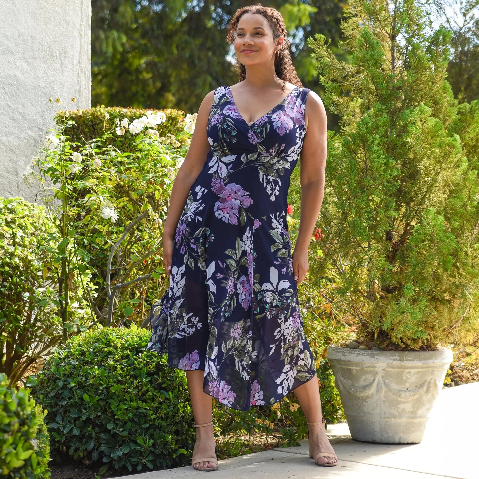 Audrey Navy Floral Asymmetrical Midi Dress sold by connected apparel