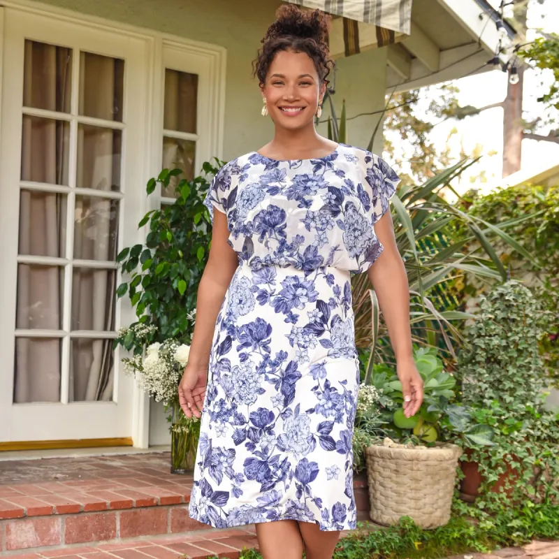 Daphne Blue Floral Chiffon Popover Dress sold by connected apparel