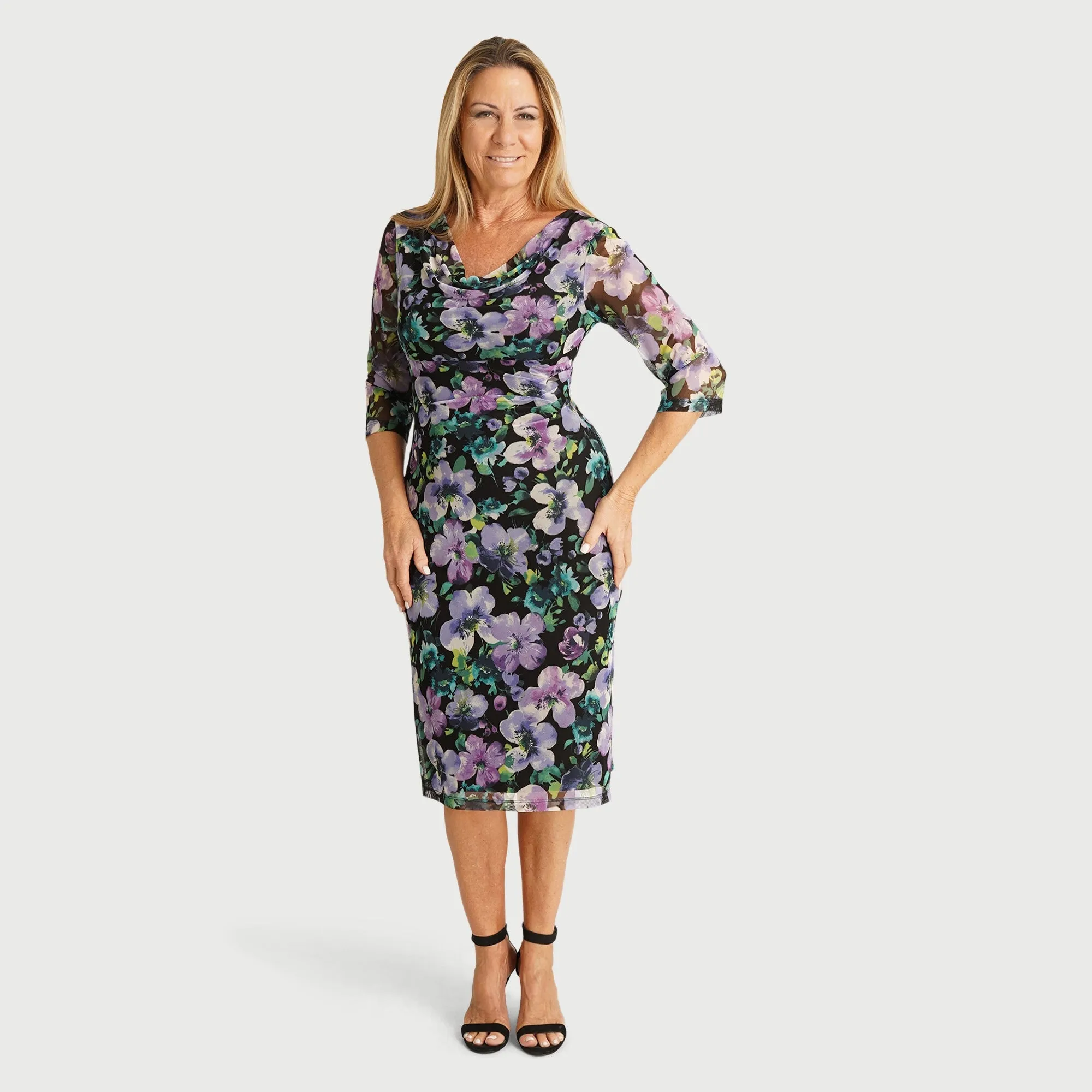 Tina Black and Lavender Floral Cowl Neck Dress sold by connected apparel