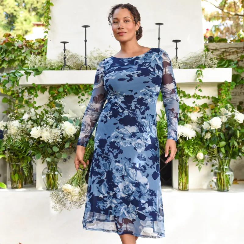 Marlene Navy Sheer Sleeve Midi Dress sold by connected apparel