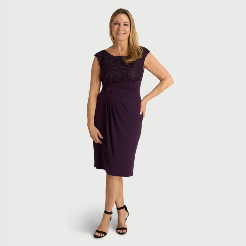 Lisa Aubergine Faux Wrap Dress sold by connected apparel