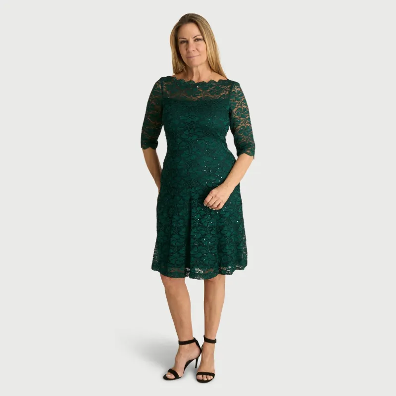 Camilla Hunter Green Sequin Lace Dress made by connected apparel