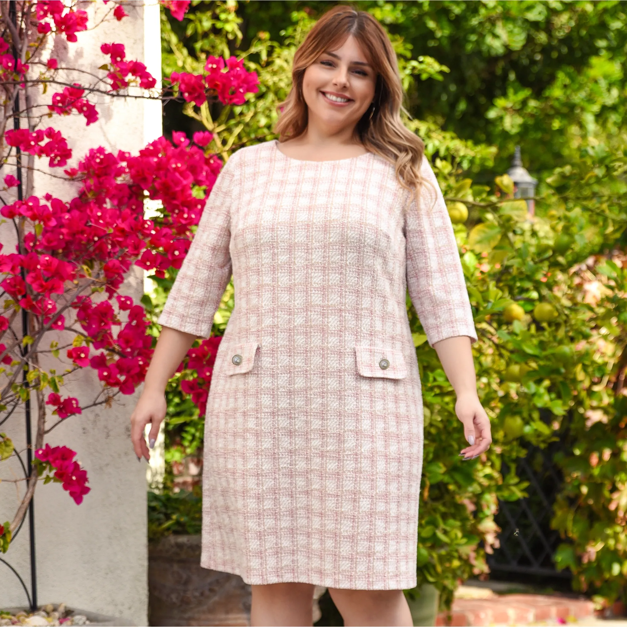 Jacqueline Blush Plaid Sheath Dress sold by connected apparel