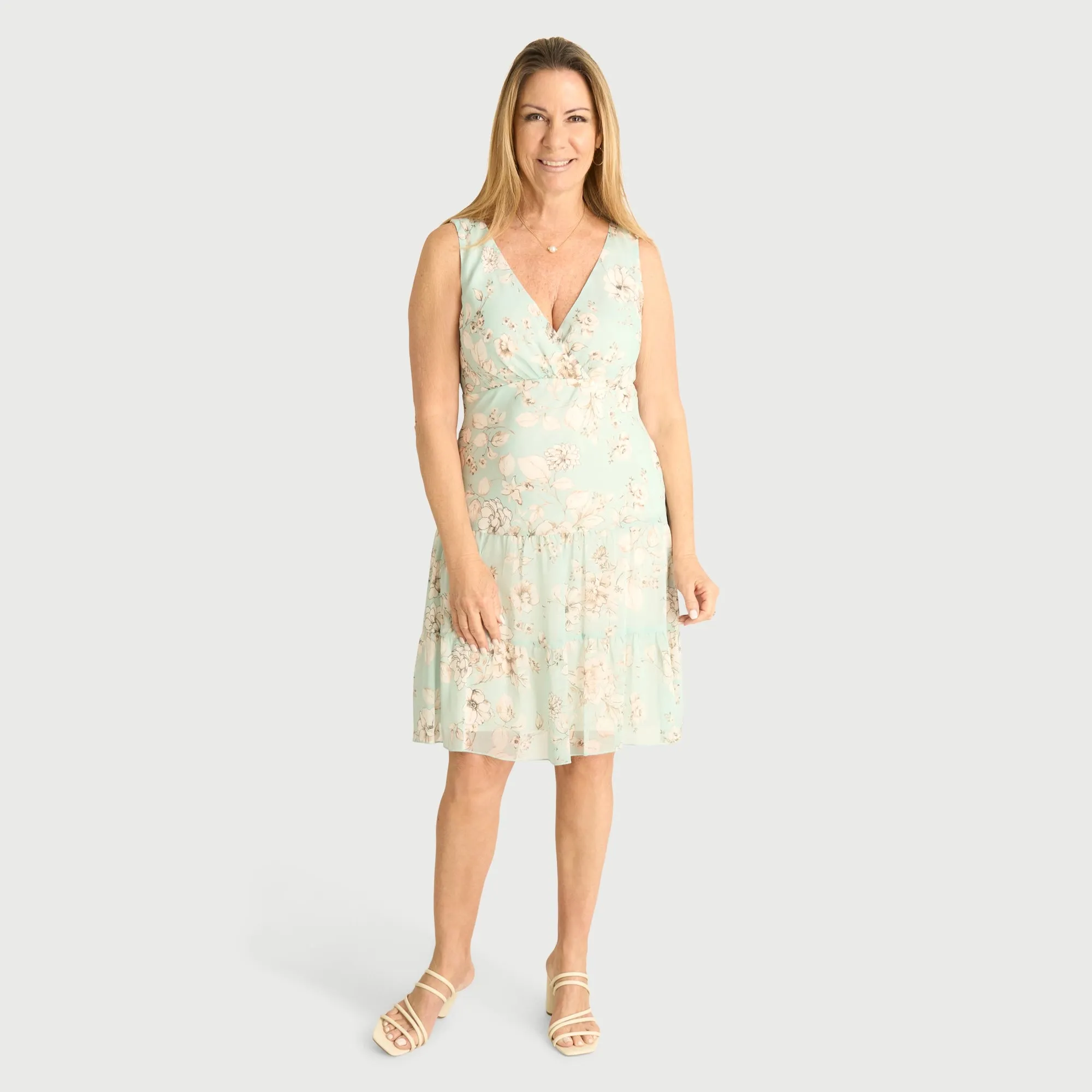 Ellie Aqua Floral Tiered Knee-Length Dress sold by connected apparel