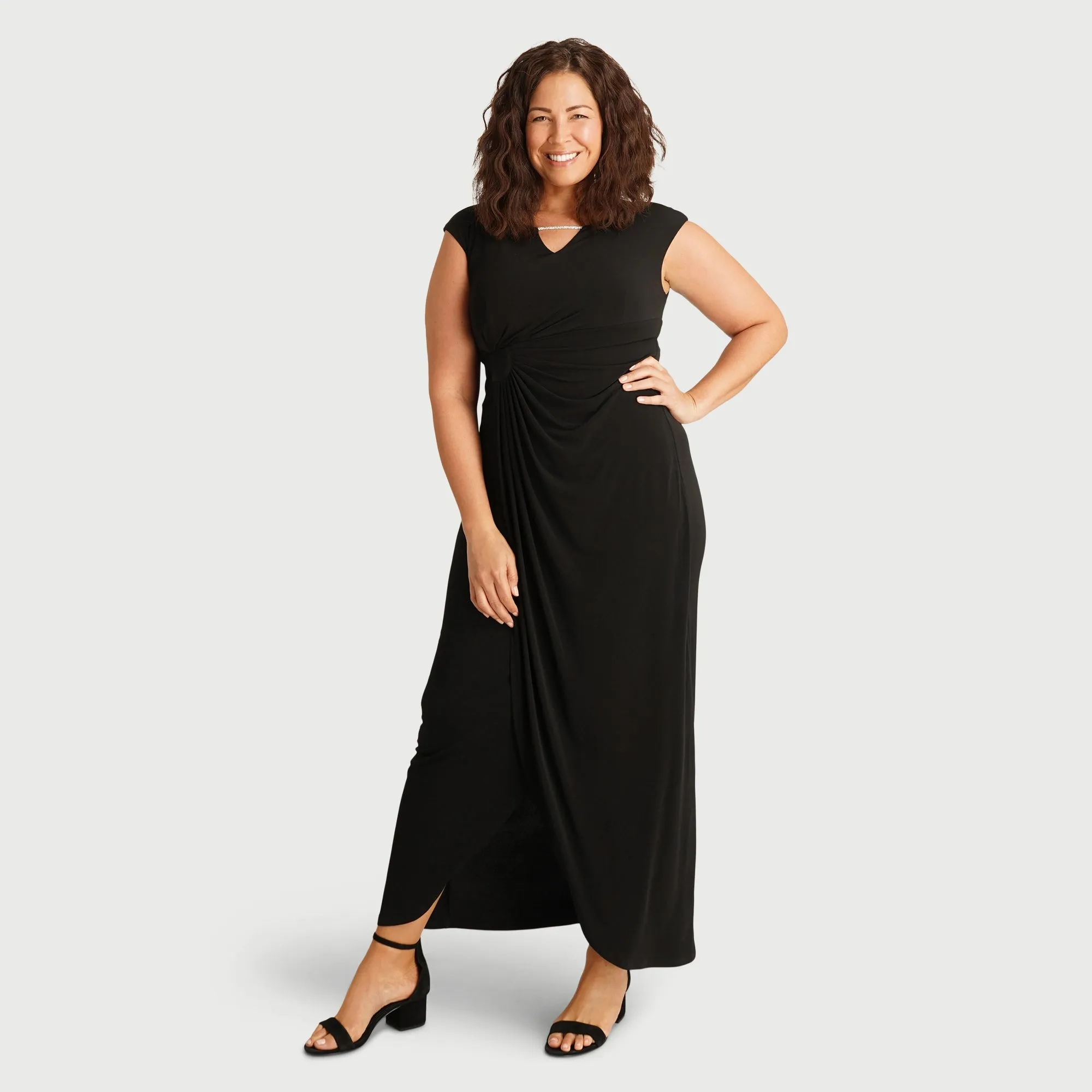 Lisa Rhinestone Detail Bar Black Long Faux Wrap Dress sold by connected apparel