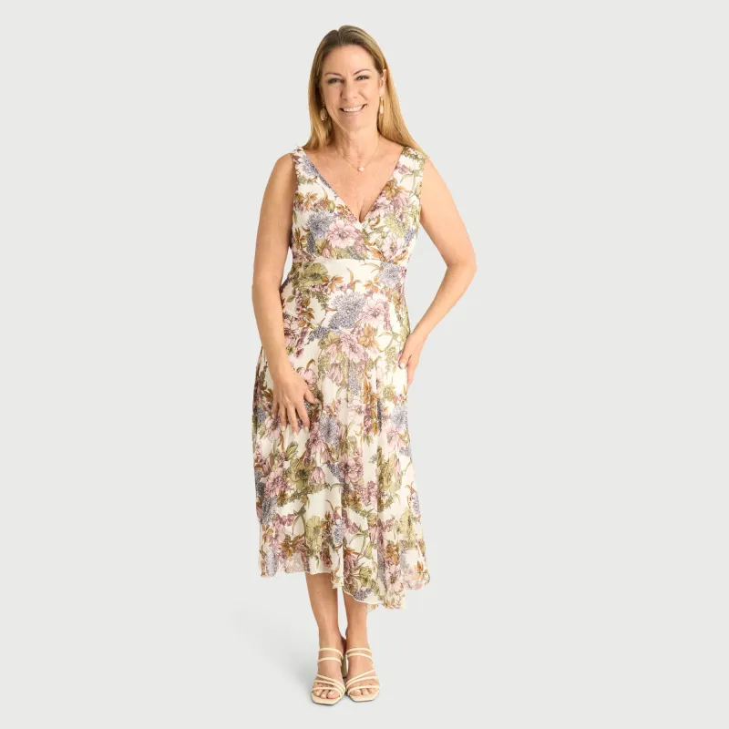 Audrey Ivory Floral Asymmetrical Midi Dress sold by connected apparel