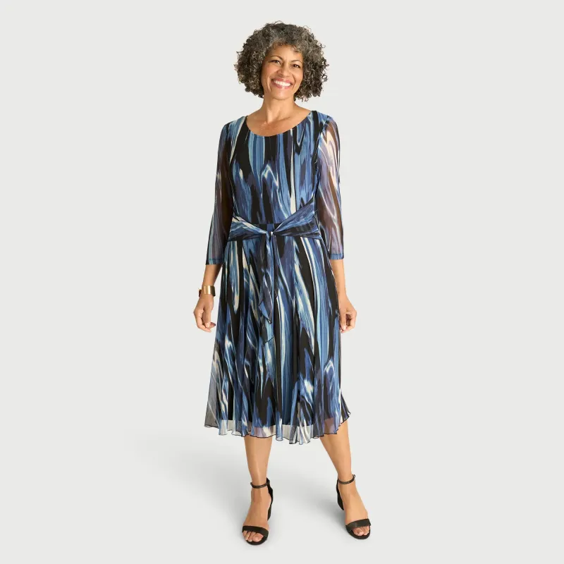 Florence Blue Abstract Sheer Sleeve Midi Dress sold by connected apparel