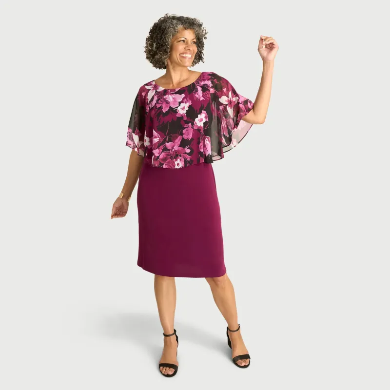 Alyssa Magenta Floral Cape Dress sold by connected apparel