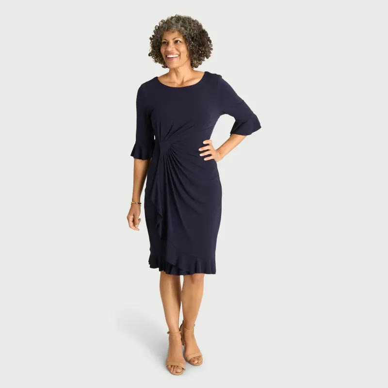 Lisa 2.0 Navy Ruffle Hem Faux Wrap Dress sold by connected apparel