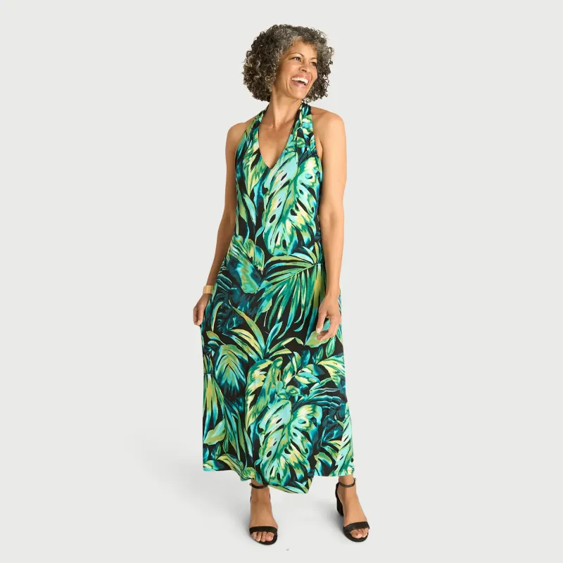 Ivy Green Tropical Halter Maxi Dress sold by connected apparel