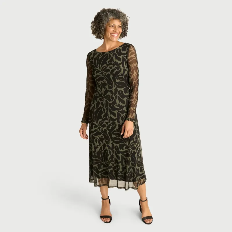 Holly Olive Sheer Sleeve Midi Dress sold by connected apparel