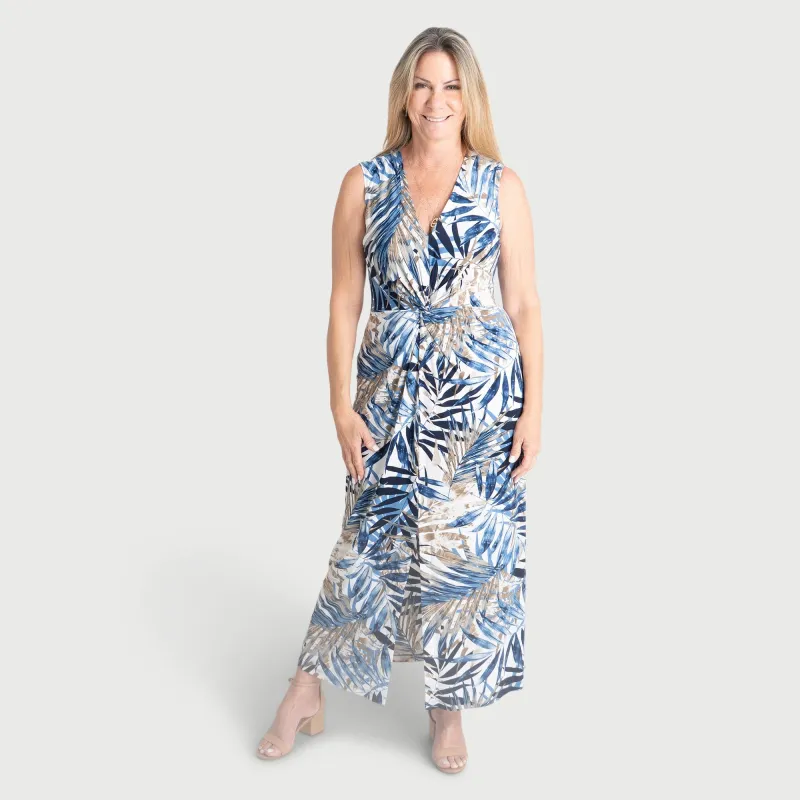 Kendal Taupe Tropical Print Maxi Dress sold by connected apparel