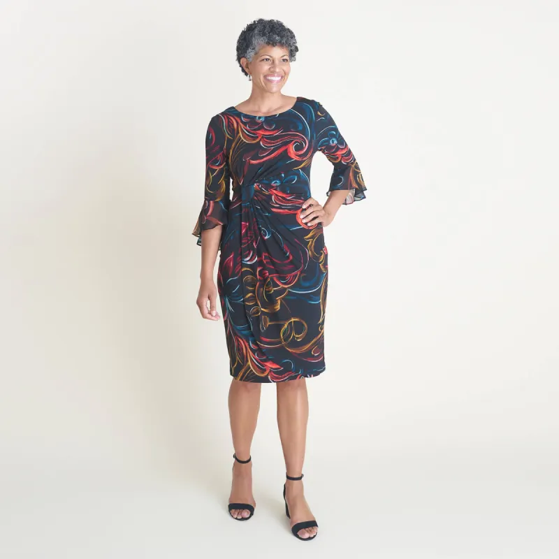 Lisa 2.0 Rust Abstract Floral Faux Wrap Dress sold by connected apparel