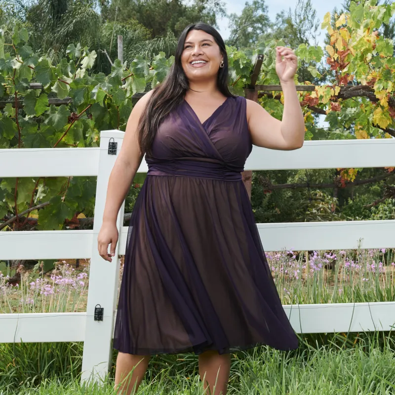 Cora Eggplant Sleeveless A-Line Midi Dress sold by connected apparel