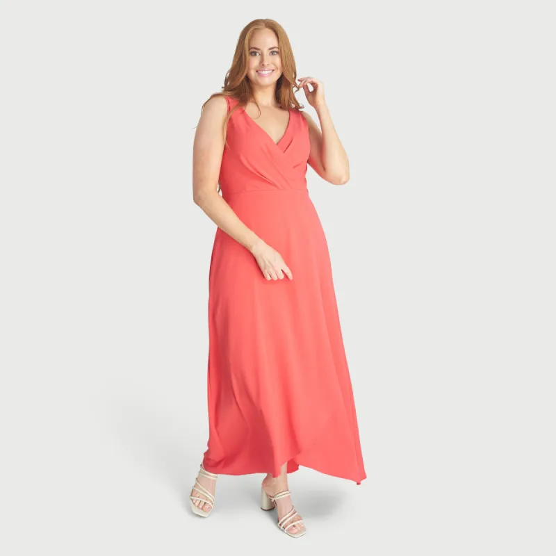 Mia Coral Asymmetrical Maxi Dress sold by connected apparel