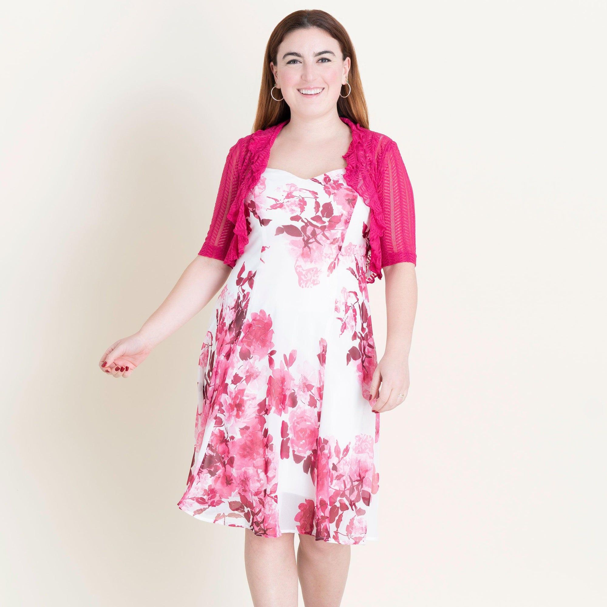 Mary Fuchsia Floral Chiffon Dress with Shrug sold by connected apparel