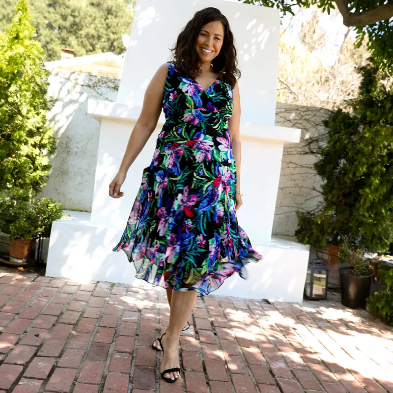 Audrey Black Floral Asymmetrical Midi Dress sold by connected apparel